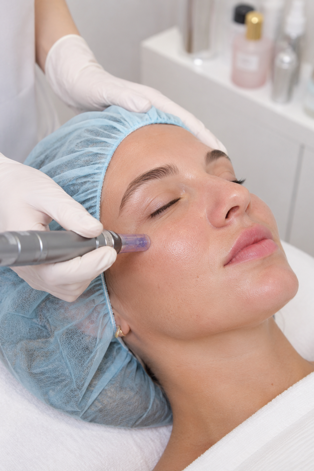 Dispositivo Dermapen de microneedling aplicado sobre la piel del rostro en Castellón